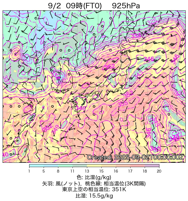 2025年9月2日の日本周辺の925hPa天気図（9時）
