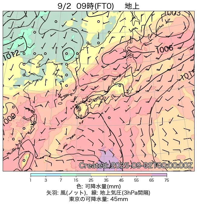2025年9月2日の日本周辺の地上天気図（9時）