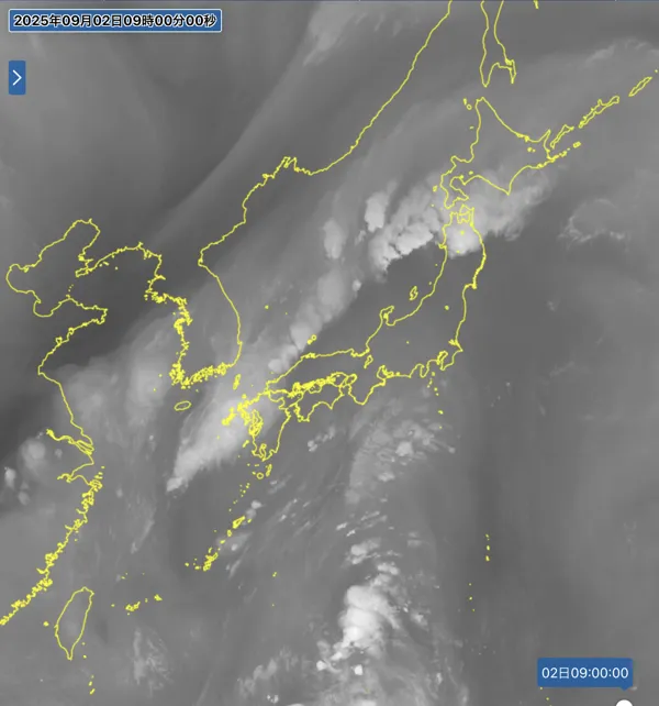 2025年9月2日9時の日本周辺の衛星水蒸気画像