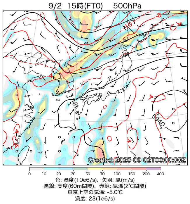 2025年9月2日の日本周辺の500hPa天気図（15時）