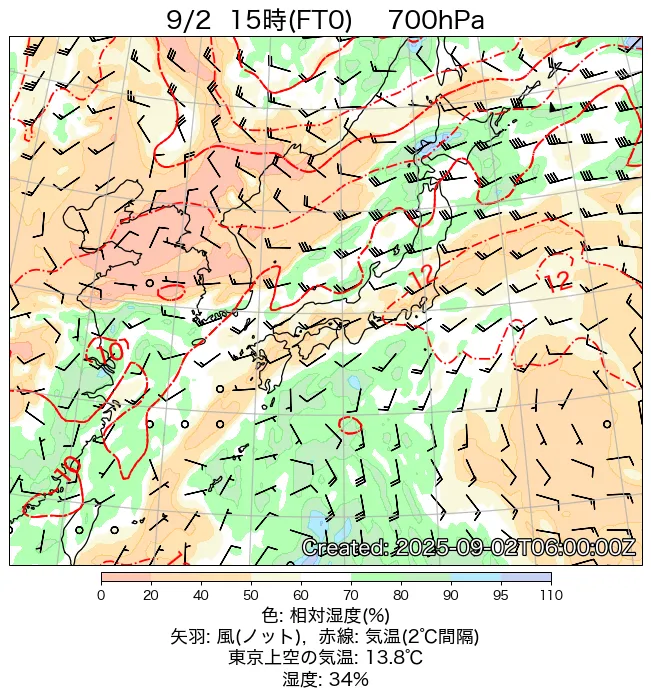 2025年9月2日の日本周辺の700hPa天気図（15時）