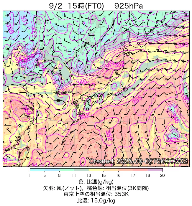 2025年9月2日の日本周辺の925hPa天気図（15時）