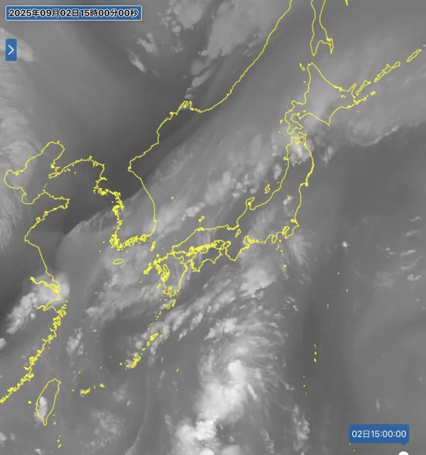 2025年9月2日15時の日本周辺の衛星水蒸気画像