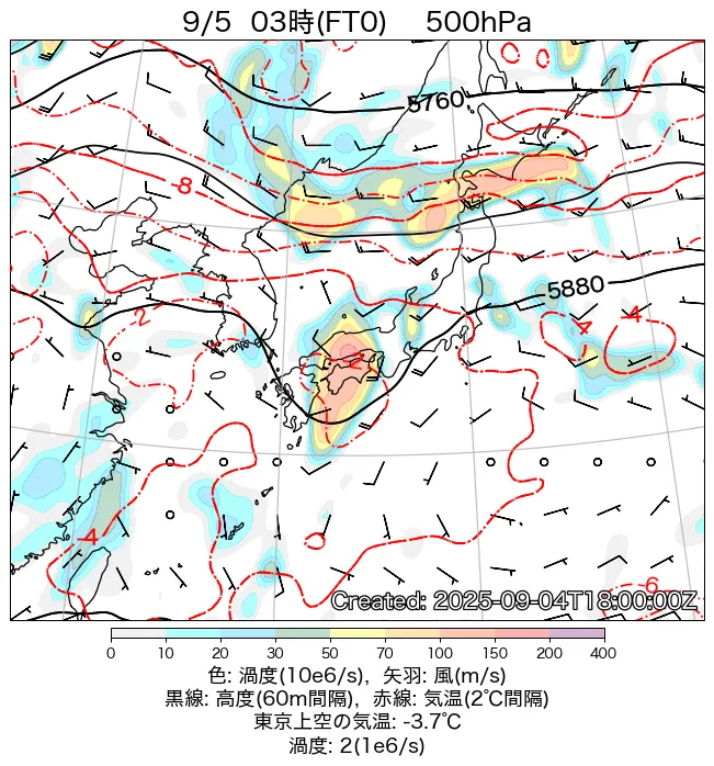 2025年9月5日の日本周辺の500hPa天気図（3時）