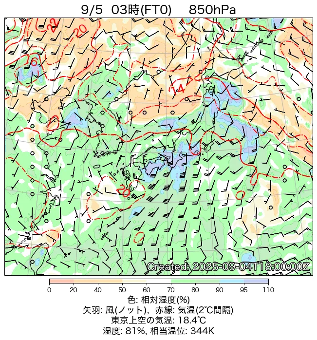2025年9月5日の日本周辺の850hPa天気図（3時）