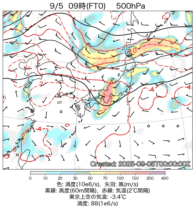 2025年9月5日の日本周辺の500hPa天気図（9時）
