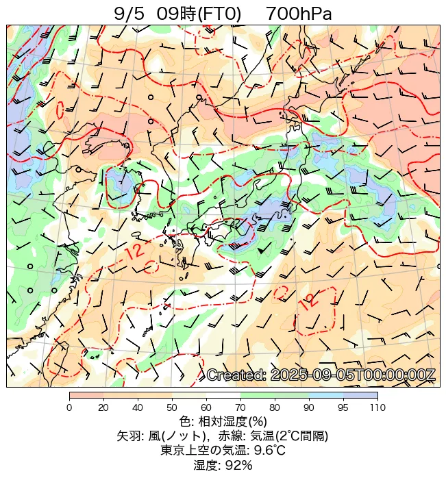 2025年9月5日の日本周辺の700hPa天気図（9時）