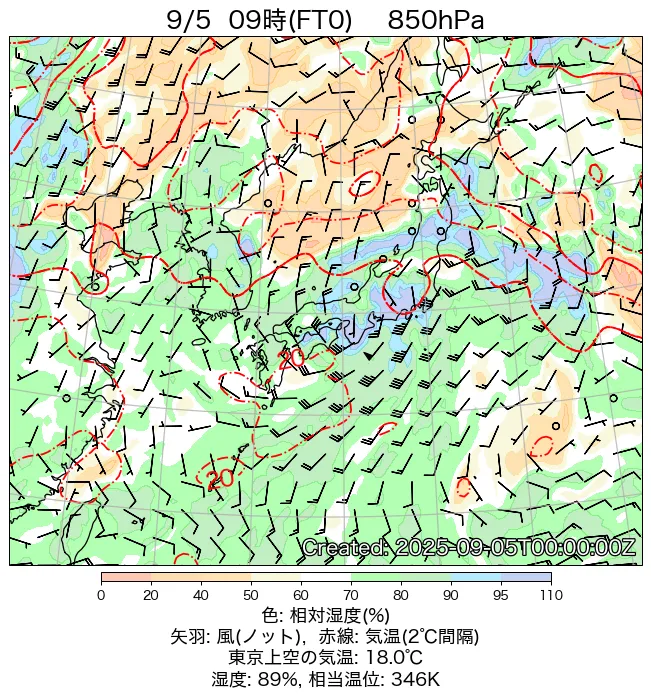 2025年9月5日の日本周辺の850hPa天気図（9時）
