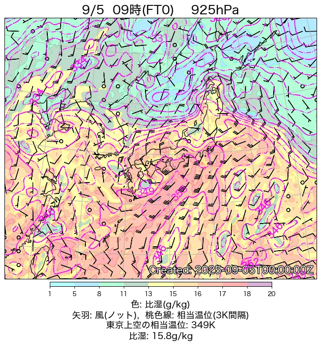 2025年9月5日の日本周辺の925hPa天気図（9時）