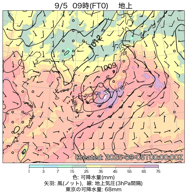 2025年9月5日の日本周辺の地上天気図（9時）