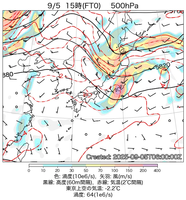 2025年9月5日の日本周辺の500hPa天気図（15時）