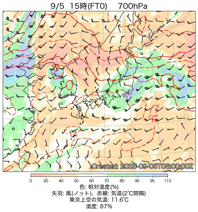 2025年9月5日の日本周辺の700hPa天気図（15時）