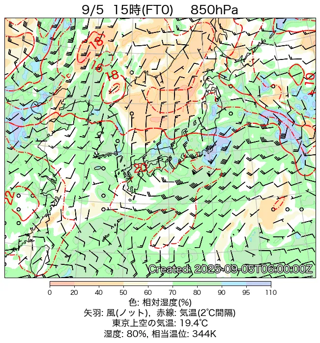 2025年9月5日の日本周辺の850hPa天気図（15時）