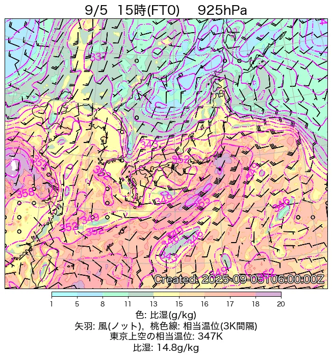 2025年9月5日の日本周辺の925hPa天気図（15時）