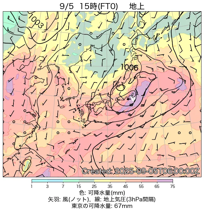 2025年9月5日の日本周辺の地上天気図（15時）