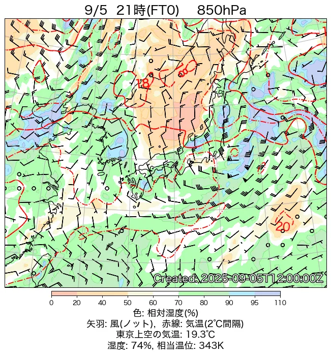2025年9月5日の日本周辺の850hPa天気図（21時）