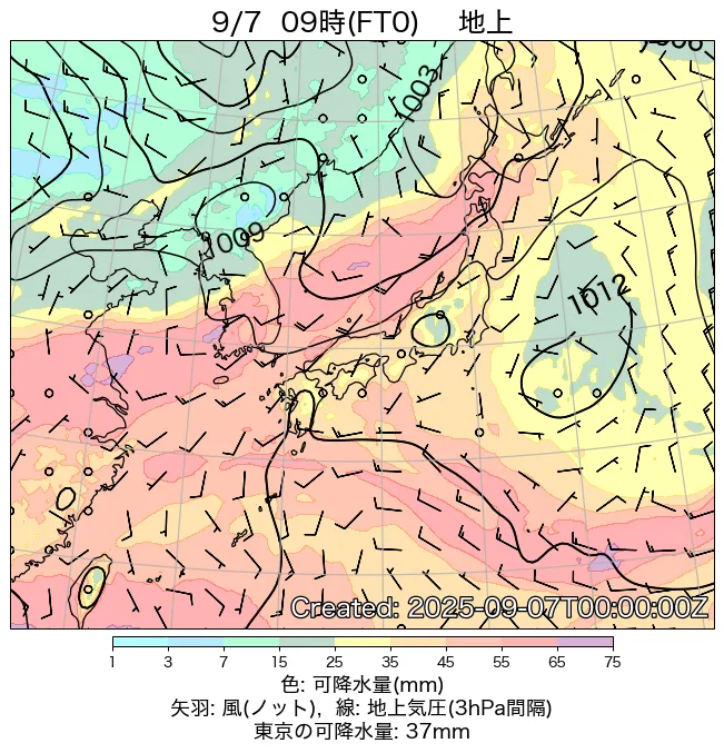 2025年9月7日の日本周辺の地上天気図（9時）