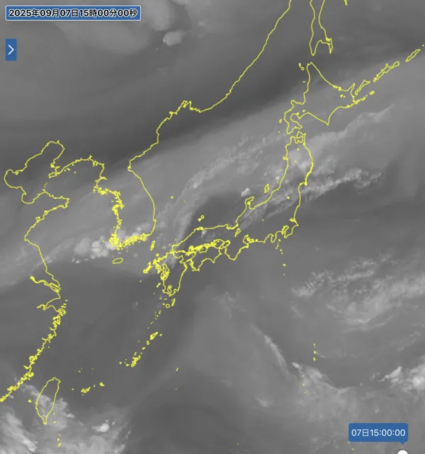 2025年9月7日の日本周辺の衛星水蒸気画像（15時）