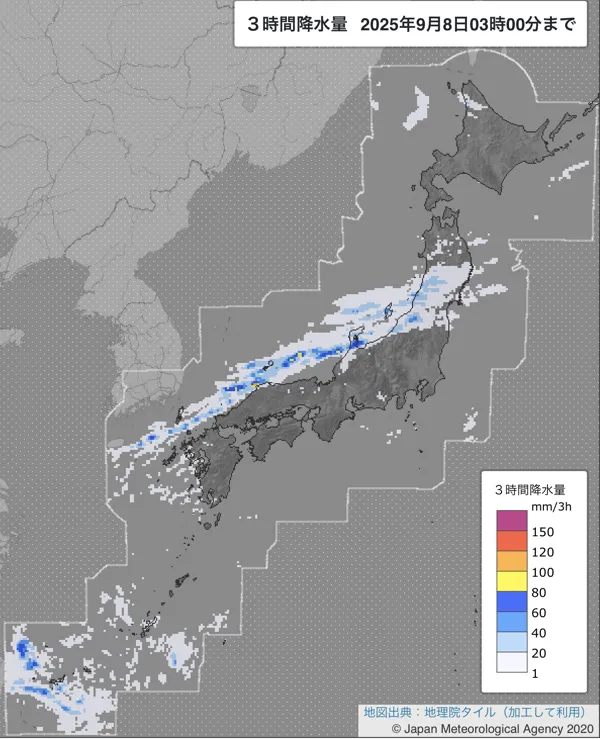 2025年9月8日の日本周辺の0〜3時の3時間解析降水量