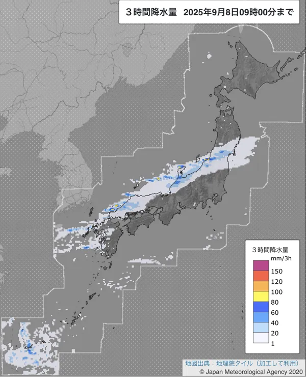 2025年9月8日の日本周辺の6〜9時の3時間解析降水量