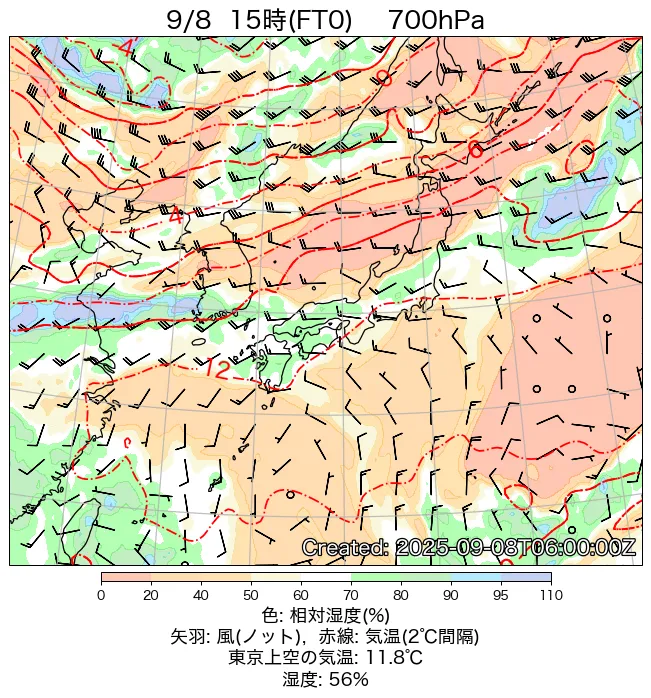 2025年9月8日の日本周辺の700hPa天気図（15時）