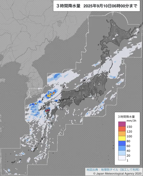 2025年9月10日の日本周辺の3〜6時の3時間解析降水量