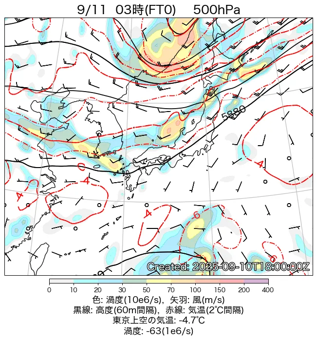 2025年9月11日の日本周辺の500hPa天気図（3時）