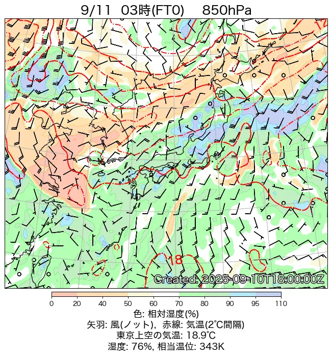 2025年9月11日の日本周辺の850hPa天気図（3時）