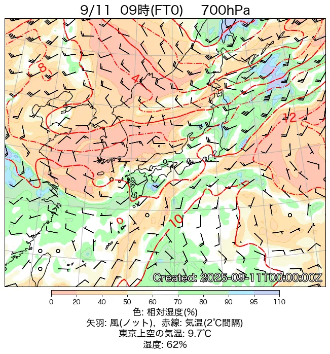 2025年9月11日の日本周辺の700hPa天気図（9時）