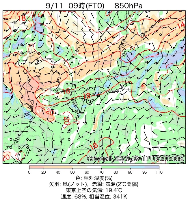 2025年9月11日の日本周辺の850hPa天気図（9時）