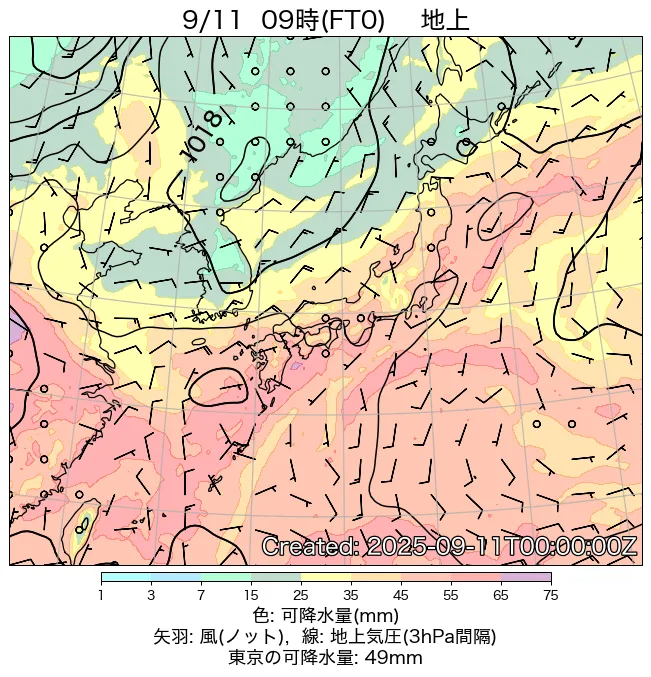 2025年9月11日の日本周辺の地上天気図（9時）