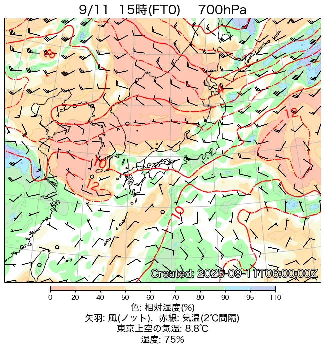 2025年9月11日の日本周辺の700hPa天気図（15時）