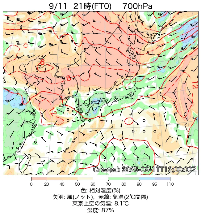 2025年9月11日の日本周辺の700hPa天気図（21時）