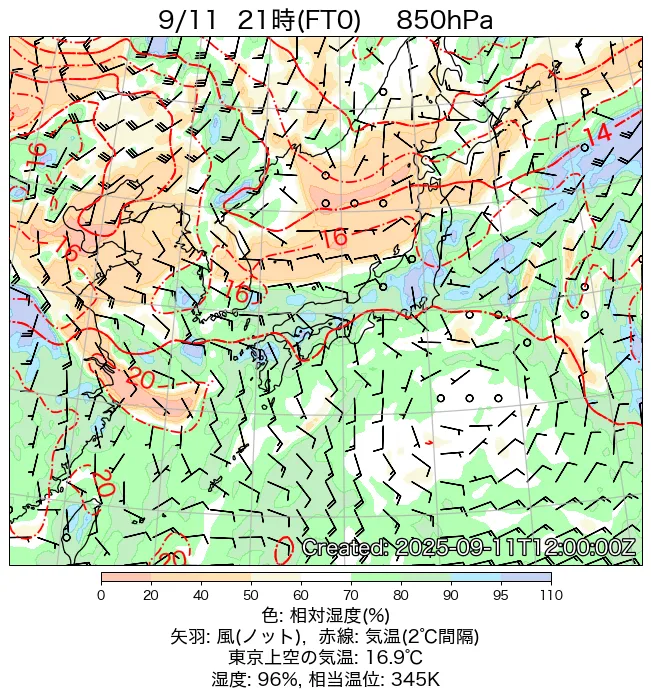 2025年9月11日の日本周辺の850hPa天気図（21時）