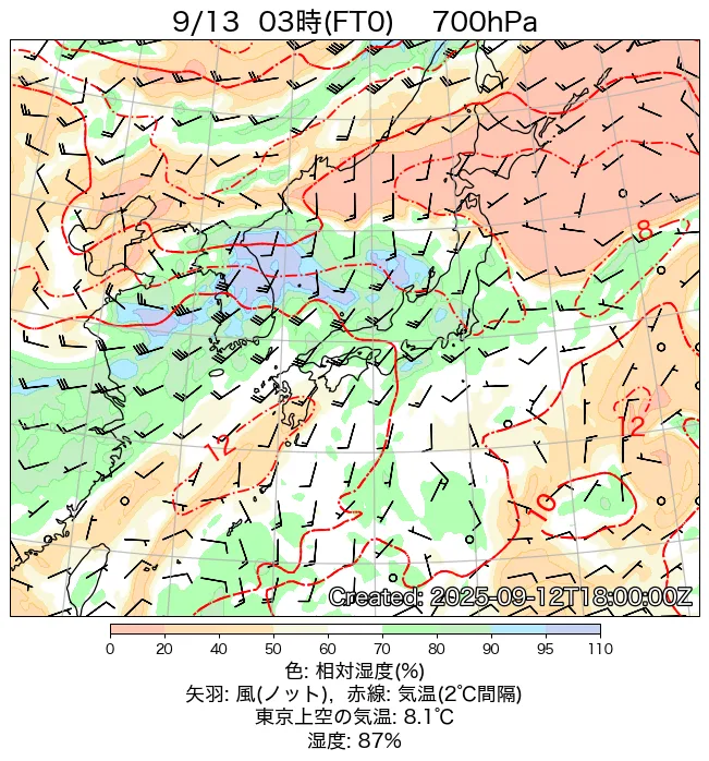 2025年9月13日の日本周辺の700hPa天気図（3時）