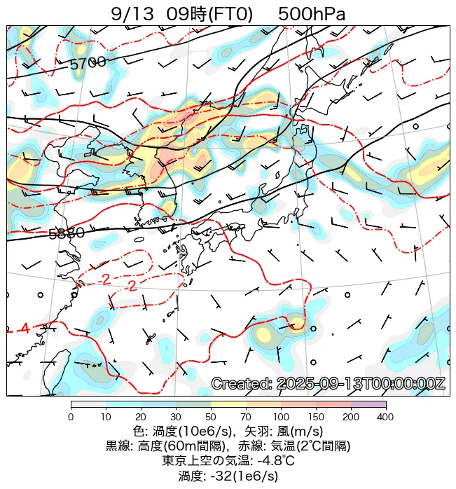 2025年9月13日の日本周辺の500hPa天気図（9時）