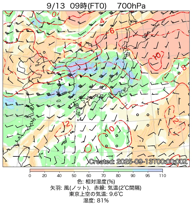 2025年9月13日の日本周辺の700hPa天気図（9時）