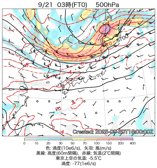 2025年9月21日の日本周辺の500hPa天気図（3時）