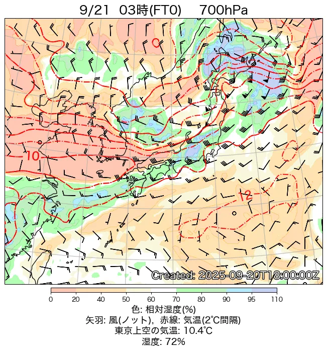 2025年9月21日の日本周辺の700hPa天気図（3時）