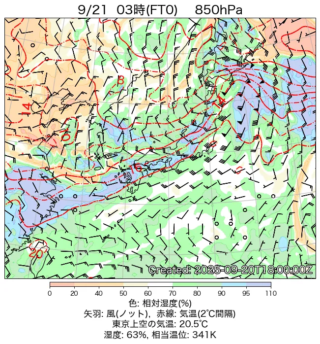 2025年9月21日の日本周辺の850hPa天気図（3時）