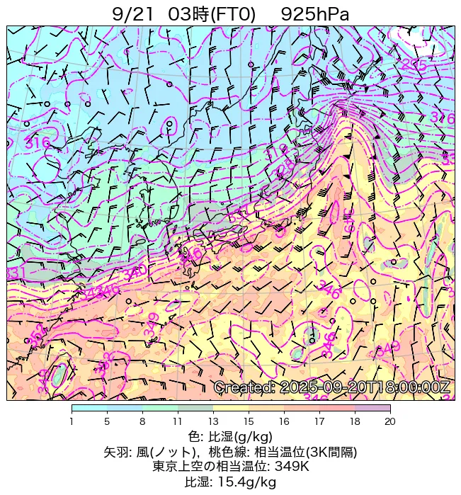 2025年9月21日の日本周辺の925hPa天気図（3時）
