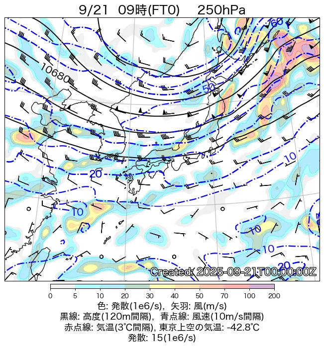 2025年9月21日の日本周辺の250hPa天気図（9時）