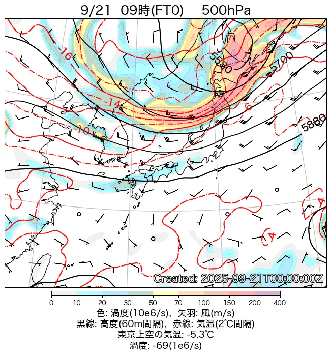 2025年9月21日の日本周辺の500hPa天気図（9時）