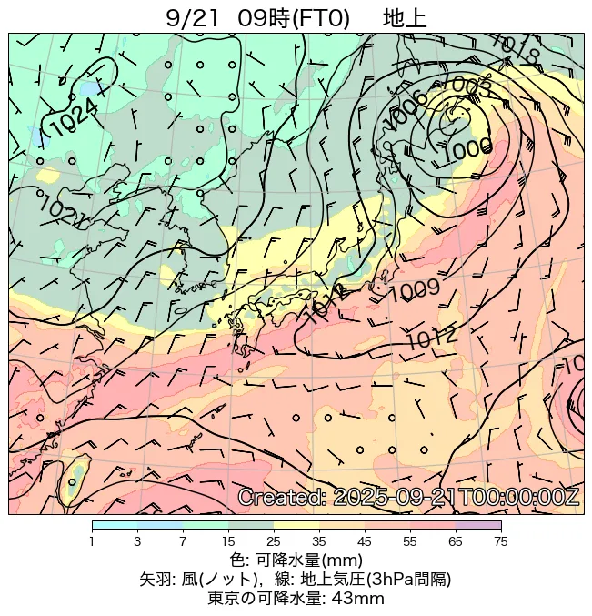 2025年9月21日の日本周辺の地上天気図（9時）