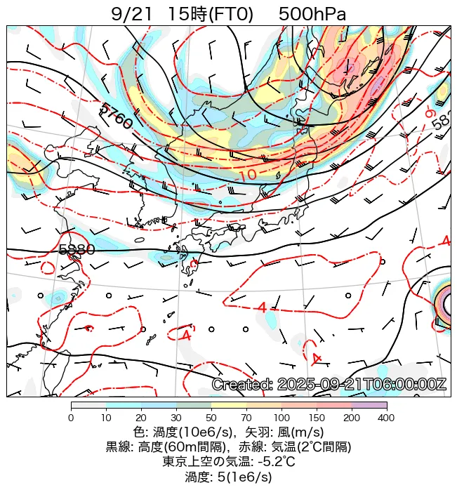 2025年9月21日の日本周辺の500hPa天気図（15時）