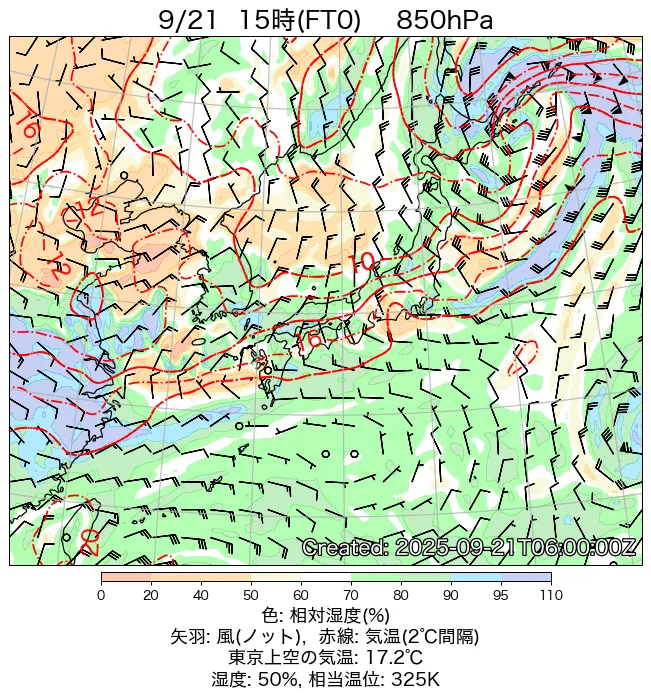 2025年9月21日の日本周辺の850hPa天気図（15時）