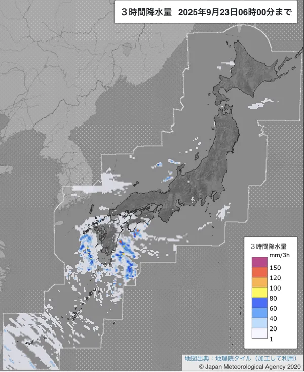 2025年9月23日の日本周辺の3〜6時の3時間解析降水量