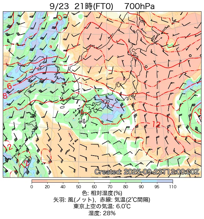 2025年9月23日の日本周辺の700hPa天気図（21時）
