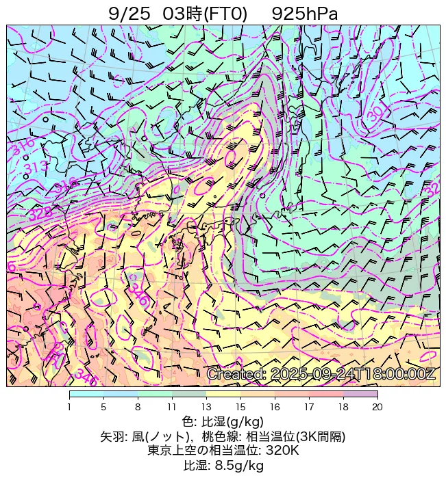 2025年9月25日の日本周辺の925hPa天気図（3時）