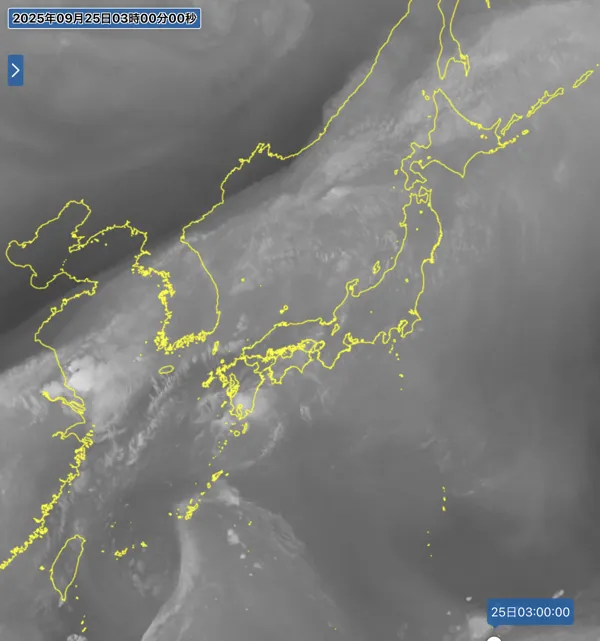 2025年9月25日3時の日本周辺の衛星水蒸気画像